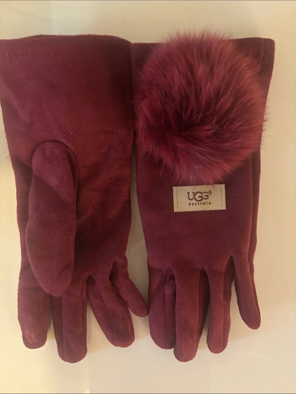 UGG Burgundy Suede Pom-Pom Gloves